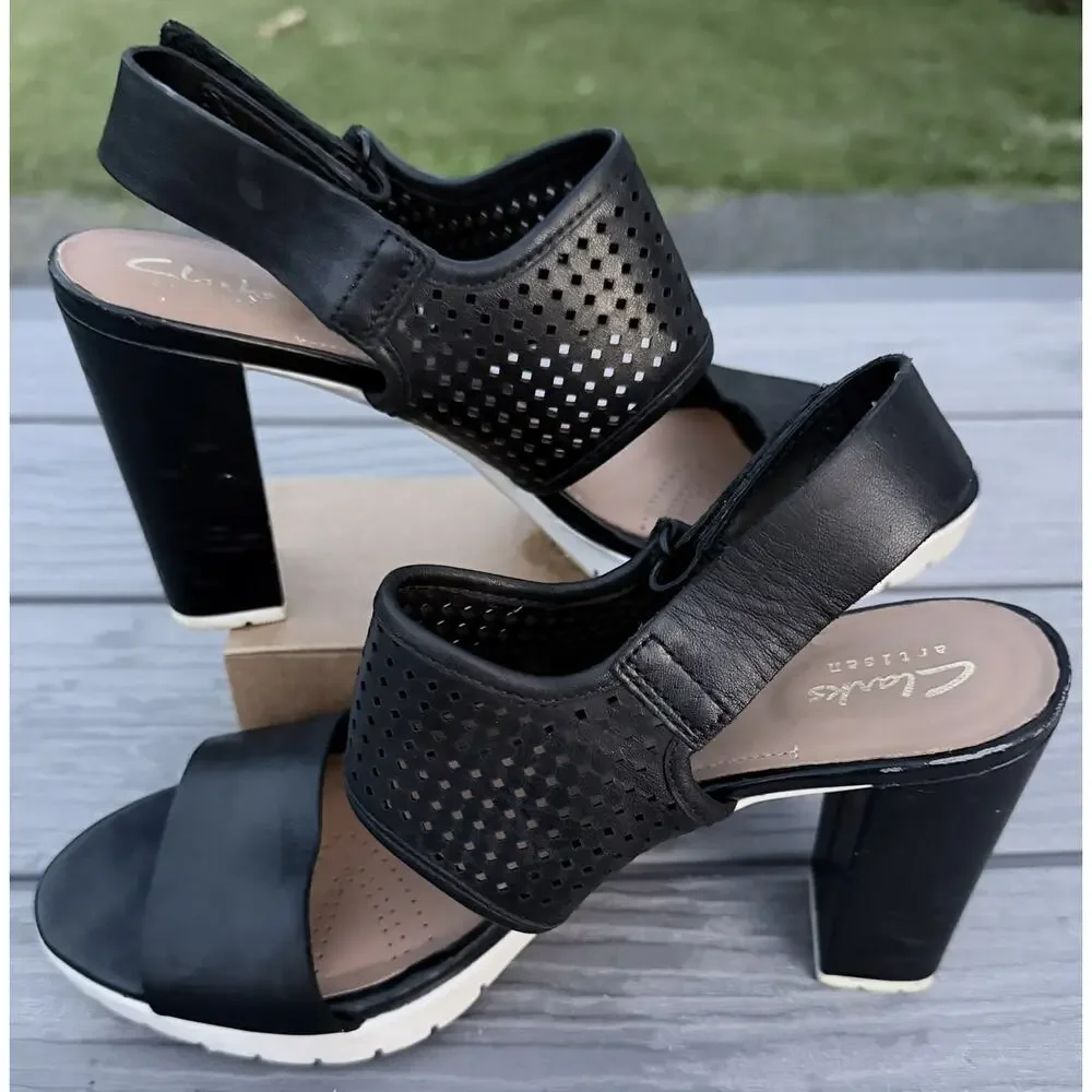 Clarks Pastina Malory Sling Back Leather Block Heel Black Size 8.5M Vacation GUC